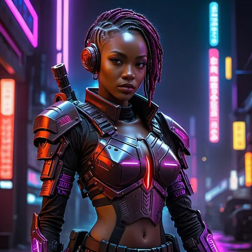 Prompt: Futuristic african female urban mercenary patrol armour design, black-coloured metal alloy plating, red and purple neon lights, sharp sabre on the waist, intricate details, cyberpunk, high-tech, professional, dynamic lighting, urban setting, intense atmosphere, best quality, high res, ultra-detailed, sci-fi, futuristic, cyberpunk, detailed design, sleek and shiny