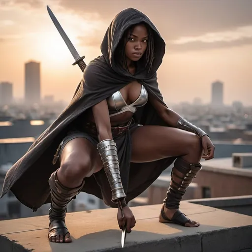 Prompt: A young african female assassin, crouching, she is of african decent, he face is covered by a hood, a scar on her left eye, she is well built, her assassin robes cover her body, she wears a belt, with knives on them, ready to attack, she holds a katana blade, she is standing on a rooftop at dusk her ripped cloak fluttering in the wind, exposed leg, she is ready to strike, strong, physically fir, muscular