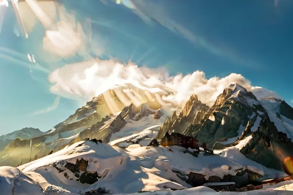 Prompt: Mountainous scenery with snow at the top. Morning sun ray enlighten the top of the mountain.