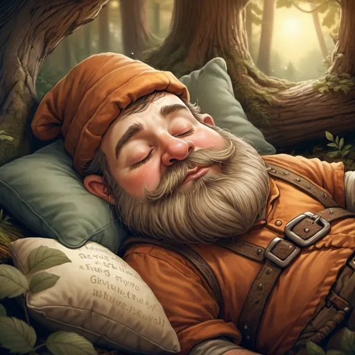 Prompt: Sleepy the dwarf, lying n a pillow, snoring, digital illustration, cozy forest setting, detailed facial features, warm and inviting color tones, soft natural lighting, high quality, detailed beard, dreamy atmosphere, peaceful, fantasy, whimsical, woodland creatures