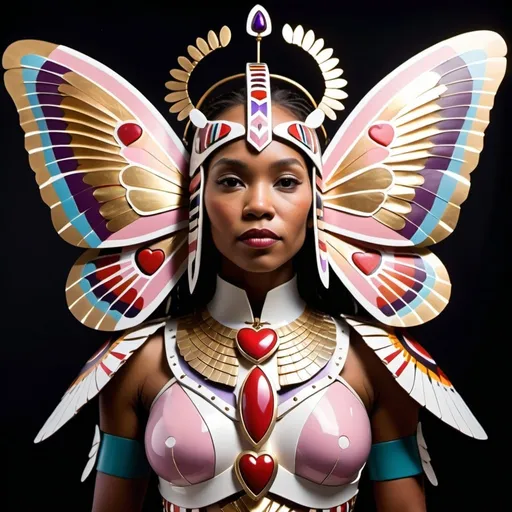 Prompt: Body Armor Description:

- Crafted to embody the spirit of the Kachina Butterfly, Coretta's armor is a unique masterpiece that seamlessly blends elegance and resilience, sure to captivate your interest.
- Attire: over the armor, Coretta wears a cloak that drapes gracefully around her, accentuating her movements and harmonizing with the armor's design.
- Wings: Delicate gaint butterfly wings adorn Coretta's back, reflecting the intricate patterns of Kachina art and adding to her ethereal presence.
- Torso: A frontal piece in soft pink encases her torso, featuring a radiant red-gold crystal at its center, emitting a warm glow symbolizing emotional depth. This symbolism is designed to inspire a profound connection with matters of the heart.
Shoulders and Waist: The shoulders and waist are protected by white armor with regal purple trim, adorned with sacred Kachina symbols. A striking red heart emblem symbolizes profound connections to matters of the heart.
- Forearms and Legs: Pink armor blends beauty with resilience, providing seamless protection.
- Helmet: A Kachina helmet veils her eyes in mystery, adorned with delicate butterfly wings mirroring those on her back. A golden crest signifies her status as a warrior of heartfelt wisdom.


