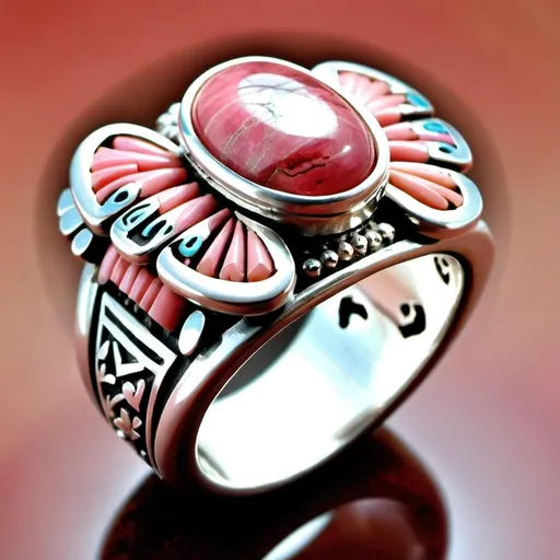 Prompt: Transformation:
Ring: Silver
Incantation: Execute! Hear Armor, Full Power!
Ring Description: 
Encircling the pure Rhodochrosite gem, the Heart Ring is a manifestation of the Hopi connection to matters of the heart. Crafted in intricate silver, the band is adorned with Hopi symbols depicting the sacred essence of the Kachina Butterfly. The sides of the ring extend into delicately sculpted butterfly motifs.
The Rhodochrosite gem itself is a captivating representation of heartfelt wisdom. Its soft pink hues, reminiscent of blooming flowers, create a warm and inviting aura. The gem is carved with intricate patterns inspired by Kachina art, symbolizing the delicate yet resilient nature of matters of the heart.
