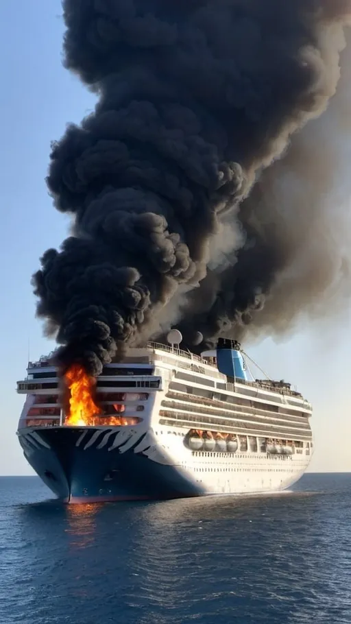 Prompt: burning cruise ship front and side visible with smoke with water on the bottom
