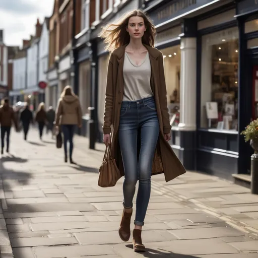 Prompt: Tall young woman walking down the high street, detailed clothing, realistic, natural lighting