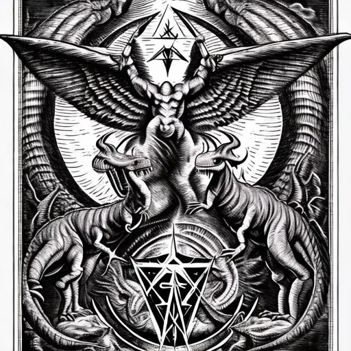 Prompt: Dinosaur baphomet sigil 