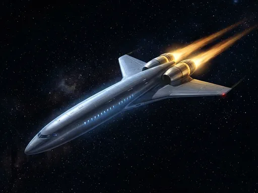 Prompt: This is a digital illustration of a sleek, futuristic spacecraft flying through the vast expanse of space. The spacecraft has a streamlined, aerodynamic design with a pointed nose and a smooth, metallic surface that is primarily dark gray with subtle highlights. The body of the spacecraft is elongated, tapering to a sharp tip, and features a series of small, blue-lit windows running along the center, indicating the cockpit area. The wings are slightly swept back and extend from the sides of the fuselage, adding to the aerodynamic profile. Two large, cylindrical engines are mounted on either side of the rear, emitting a bright, golden-orange exhaust that trails behind the craft, suggesting high-speed propulsion. The background is a deep, black void of space, dotted with tiny, distant stars that provide a sense of depth and scale. The overall texture of the spacecraft is smooth and polished, with fine lines and details that add to its realistic appearance. The lighting on the spacecraft is subtle, with a slight glow from the windows and engines, highlighting the contours and curves of the design. The image exudes a sense of advanced technology and futuristic exploration.