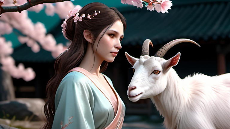 Prompt: Ethereal woman in white gown, long brown hair, stands with a realistic goat under a pink Cherry blossom tree. In a desolate world of muted teal and orange, Unreal Engine's photorealistic detailing creates a hauntingly beautiful yet melancholic scene.