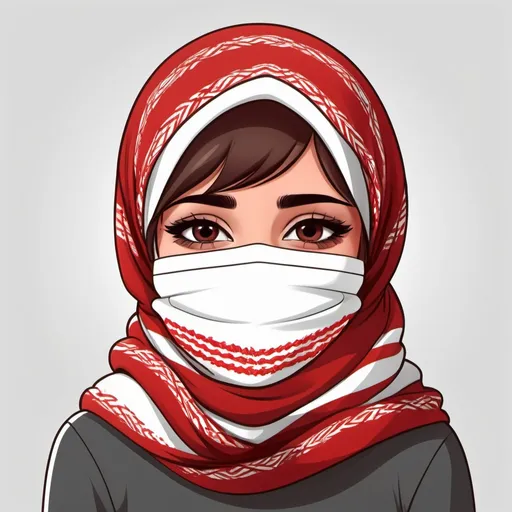 Prompt: make arbic girl hides her face in keffiyeh in cartoon red and white keffieyh smiling wear keffiyeh in face like mask closing eyes with smile  closing eyes cartoon