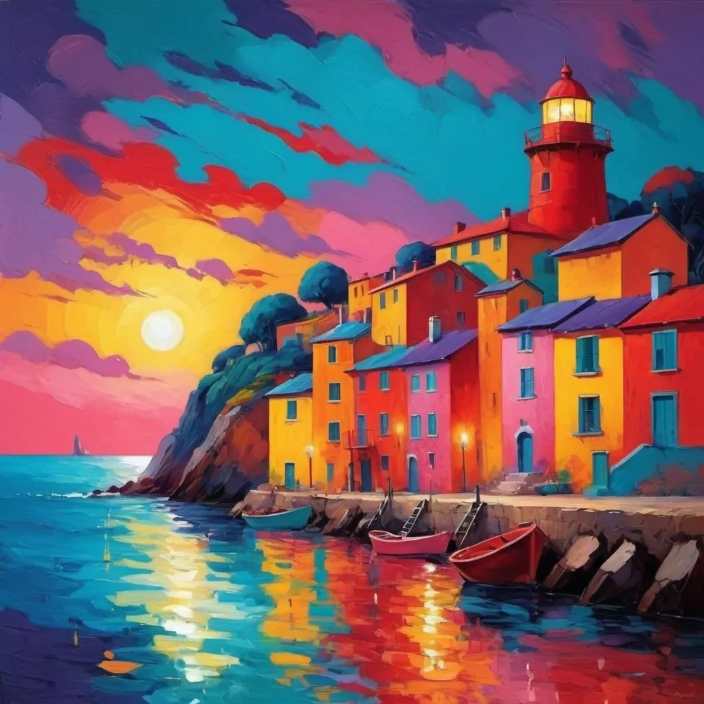 Prompt:  If blue was pink and vice versa, red was teal and vice versa, yellow was purple and vice versa how would the world with beacon near sea look to our eyes? Use fauvism style