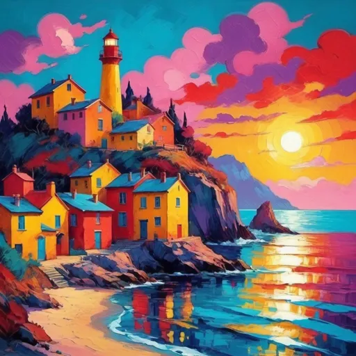 Prompt:  If blue was pink and vice versa, red was teal and vice versa, yellow was purple and vice versa how would the world with beacon near sea look to our eyes? Use fauvism style