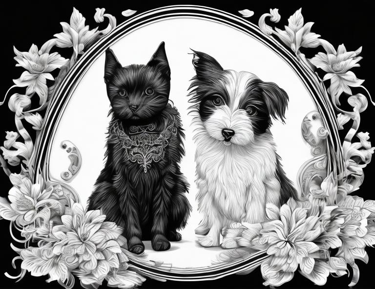 Prompt: "BLACK AND WHITE line art. Masterpiece extremely detailed dogs and cats flowers filigree decoration. Use ONLY black horizontal and vertical ink lines, High contrast High quality. High detail"

