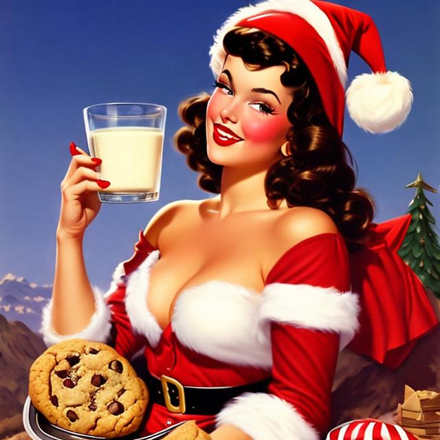 Prompt: Brunette Pin Up Girl, wearing a santa costume, holding a plate of cookie and milk, in the style of Gil Elvgren