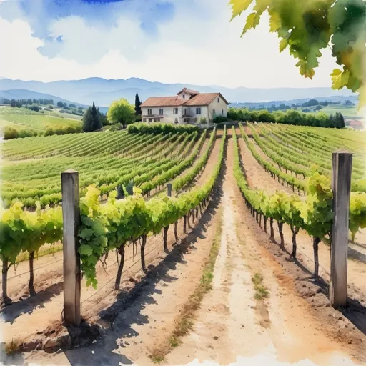 Prompt: A vineyard with post at very obvious location with Watercolor painting style


