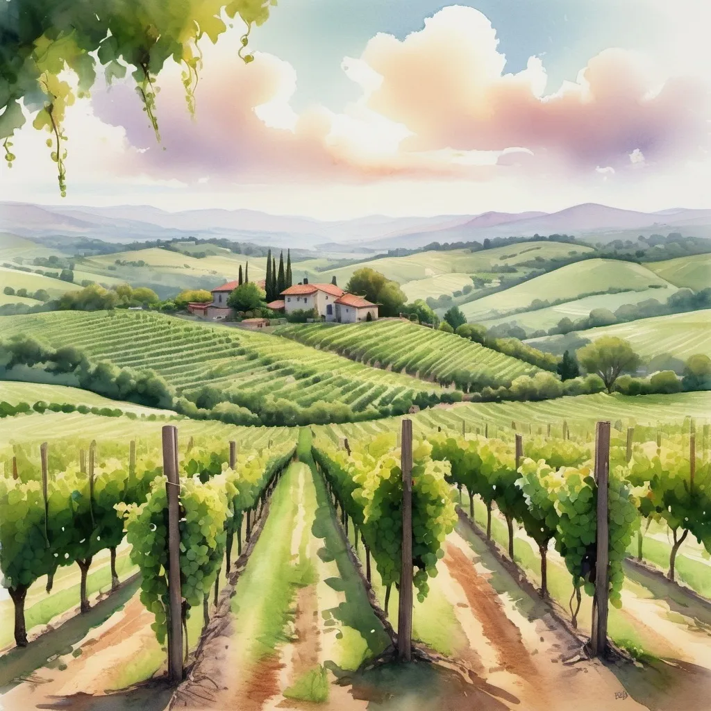 Prompt: A vineyard with post at very obvious location with Watercolor painting style


