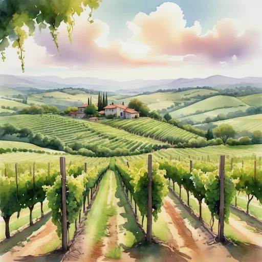 Prompt: A vineyard with post at very obvious location with Watercolor painting style


