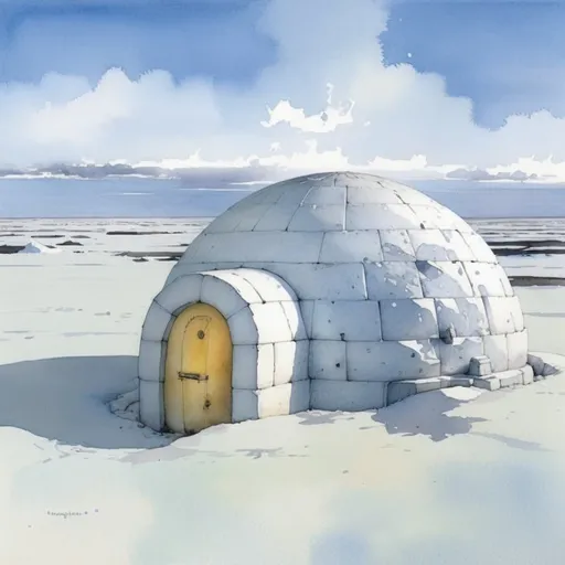 Prompt: Jean-Baptiste Monge watercolour illustration, the most beautiful igloo in the world, without a window, warm light coming from inside, dawn
