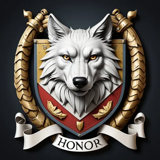 Prompt: A medieval coat of arms with a wolf . It has the support of Knights. it has the motto: Honor, duty and honor