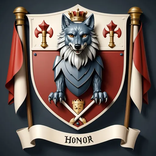 Prompt: A medieval coat of arms with a wolf . It has the support of Knights. and this coat of arms follows three main values : Honor, duty and pride