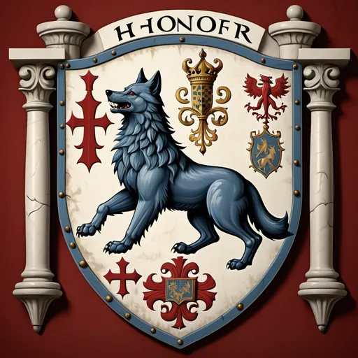 Prompt: A medieval coat of arms with a wolf . It has the support of Knights. it is similar to the medici coat of arms and has the words honor