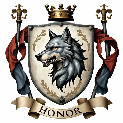 Prompt: A medieval coat of arms with a wolf . It has the support of Knights. it is similar to the medici coat of arms and has the words honor