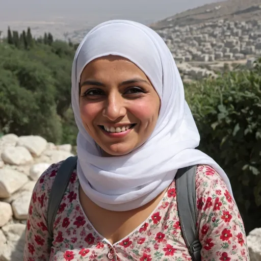 Prompt: Palestinian woman with a floral dress and white scarf at bhurj khalifa smiling with pride. Cover her whole head and make her light skin colour