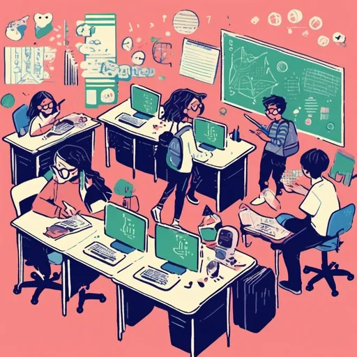 Prompt: a classroom room filled with many diverse computer science students interacting with each other performing different work and having fun