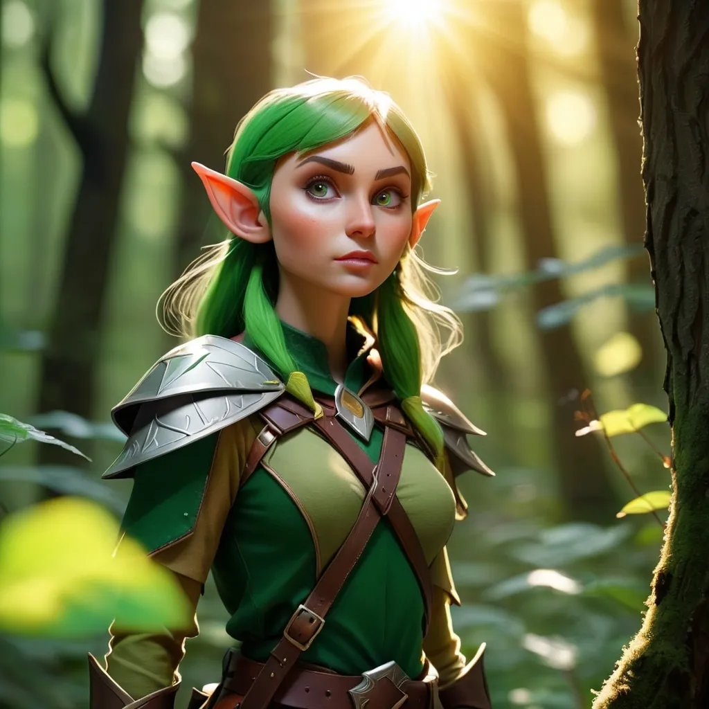 Prompt: Elf ranger in a mystical forest around sunlight