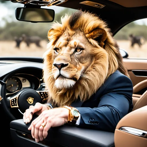 Prompt: A Lion wearing a rolex driving a luxury car