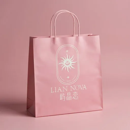 Prompt: 
A wide short shopping bag with a matte dusty Morandi pink background, warm creamy white brand logo “LianNova 屿晶恋” centered, thick paper texture, soft lighting, no side artwork, premium minimalist style.