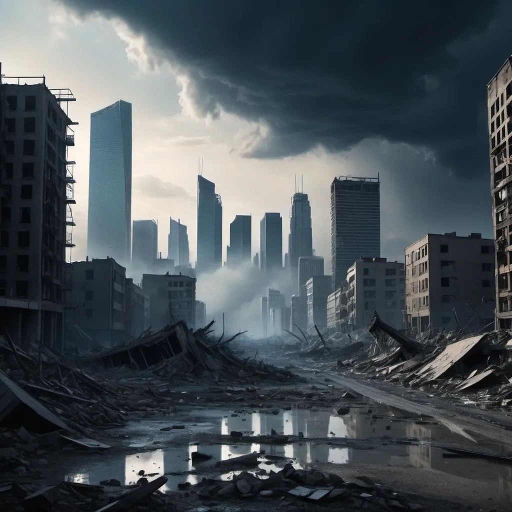 Prompt: A wide shot of a modern city skyline with buildings beginning to collapse. The ground is cracked, and a cloud of dust rises as structures fall. The sky is turning from blue to a dark, ominous gray.