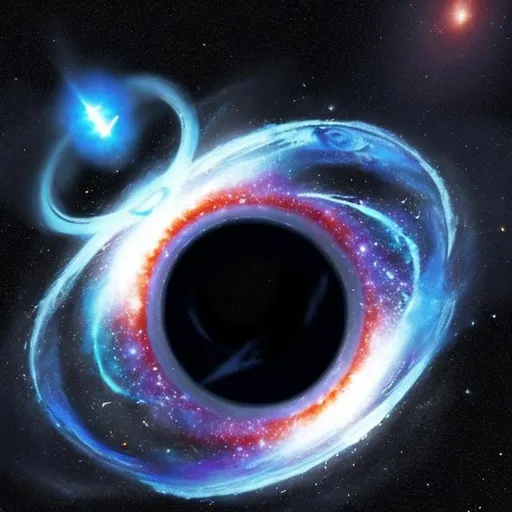 Prompt: please try to create a black hole eating a galaxy with blue glowing rings while eating a star