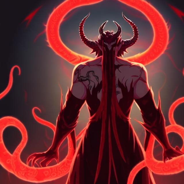 Prompt: please create a devil with red aura and horns with a smile and serpents coming from his back
