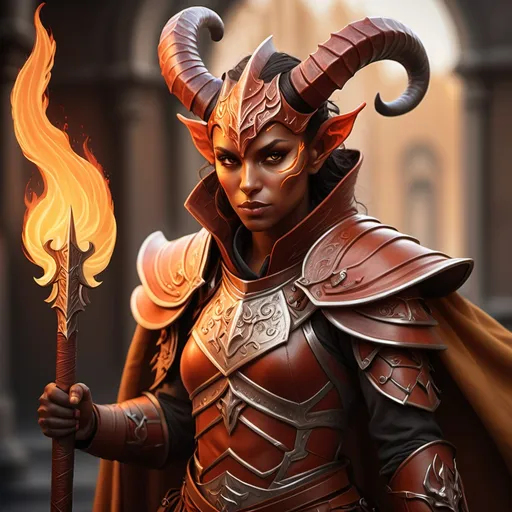 Prompt: hyper-realistic Tiefling character with fire hands, fantasy character art, illustration, dnd, warm tone and Epic warrior inspired by the emblem of Serhat Ardahanspor. The warrior wears intricate armor featuring the team's emblem as a central design, blending historical and fantasy aesthetics. A flowing cape adds grandeur, while a powerful sword or spear symbolizes strength and resilience. The warrior stands heroically, with a determined expression, ready for battle. The background features a dramatic battlefield or a mystical aura, with dynamic lighting that enhances the warrior's imposing presence