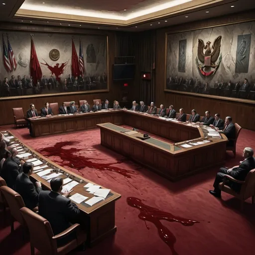 Prompt: Security Council hall, blood filling the room, flowing over chairs and floor, American representative voting against resolution, realistic painting, detailed expressions, intense atmosphere, high quality, realistic, dramatic lighting, dark and ominous tones, blood-filled, political tension, detailed features, dark shadows