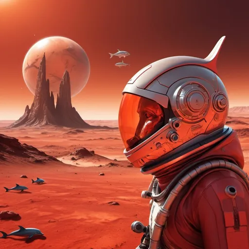 Prompt:  Fish
 of Mars, digital illustration, red planet surface, futuristic Mars habitat, detailed dolphin anatomy, space exploration, high-tech dolphin helmet and gear, breathtaking view of Martian landscape, high definition, digital art, sci-fi, futuristic, vibrant red and orange tones, atmospheric lighting, detailed environment