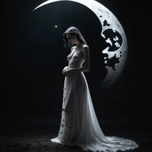 Prompt: Flower glowing shapes in the background, by award winning photographer, broken heart is drawn inside body shape, in style dark aesthetic surrealism, minimalistic, white light effects, portrait photography, art nouveau, fullbody in fantasy gown shot, ghostly forms, dark black background, surreal photonegative refractograph. as she looks at the moon