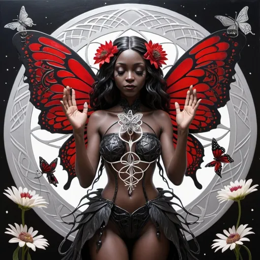 Prompt: Red Winged Gothic Black Fairy with Butterfly standing in front of the flower of life made from silver. she holds her hands in the air in praise she is in space