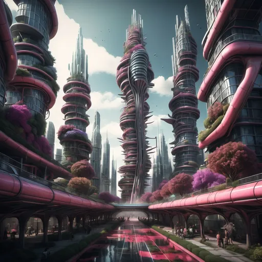 Prompt: A flesh canvas screaming for vibrant chaos... 
 Biome Metropolis" – a futuristic city where architecture evolves into living tissue: 
 * Buildings pulse like skin 
 * Streets flow like bloodstream 
 *  fortified immune cell  towers
 *  city DNA into chaotic playground.
 organic cityscape mutate it further?