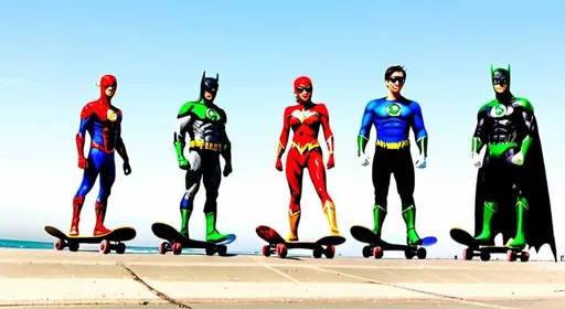 Prompt: Batman, spider man, the flash, green lantern and wonder woman skateboarding at Venice beach. 