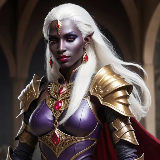 Prompt: A female drow fighter. She has a noble look about her. Long white hair flows down her back, large garnet eyes, take the world around her. She is classically beautiful, high cheekbones, a delicate nose, ruby red lips.  She wears purple & red drow plate armour, the colours of her house. Around her neck is a gold chain, holding a golden sunburst with a ruby inset.