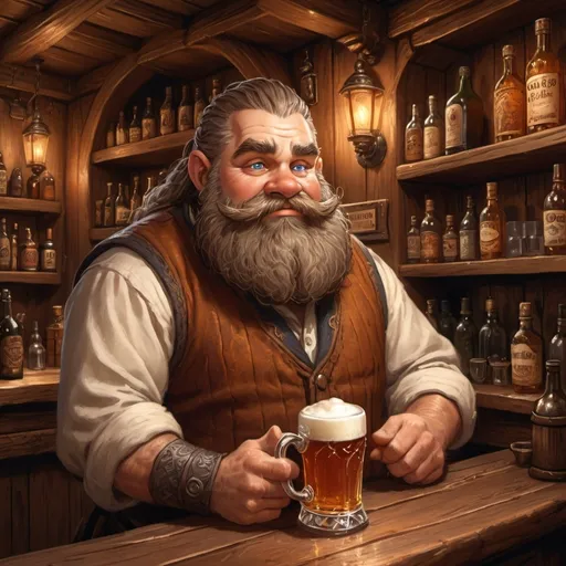 Prompt: A dwarf bar keep, braided beard, one eye. Polishing a mug at the ornate bar. Shelves behind him are well stocked.