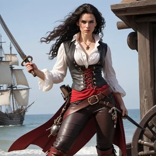 Prompt: A female pirate, of athletic build, her black wavy hair flows freely. She wears high red leather boots, black pants, a red sash around her waist. A long sleeve white shirt, and over top of that a brown leather lace up vest with shoulder pieces. She holds a cutlass in one hand.