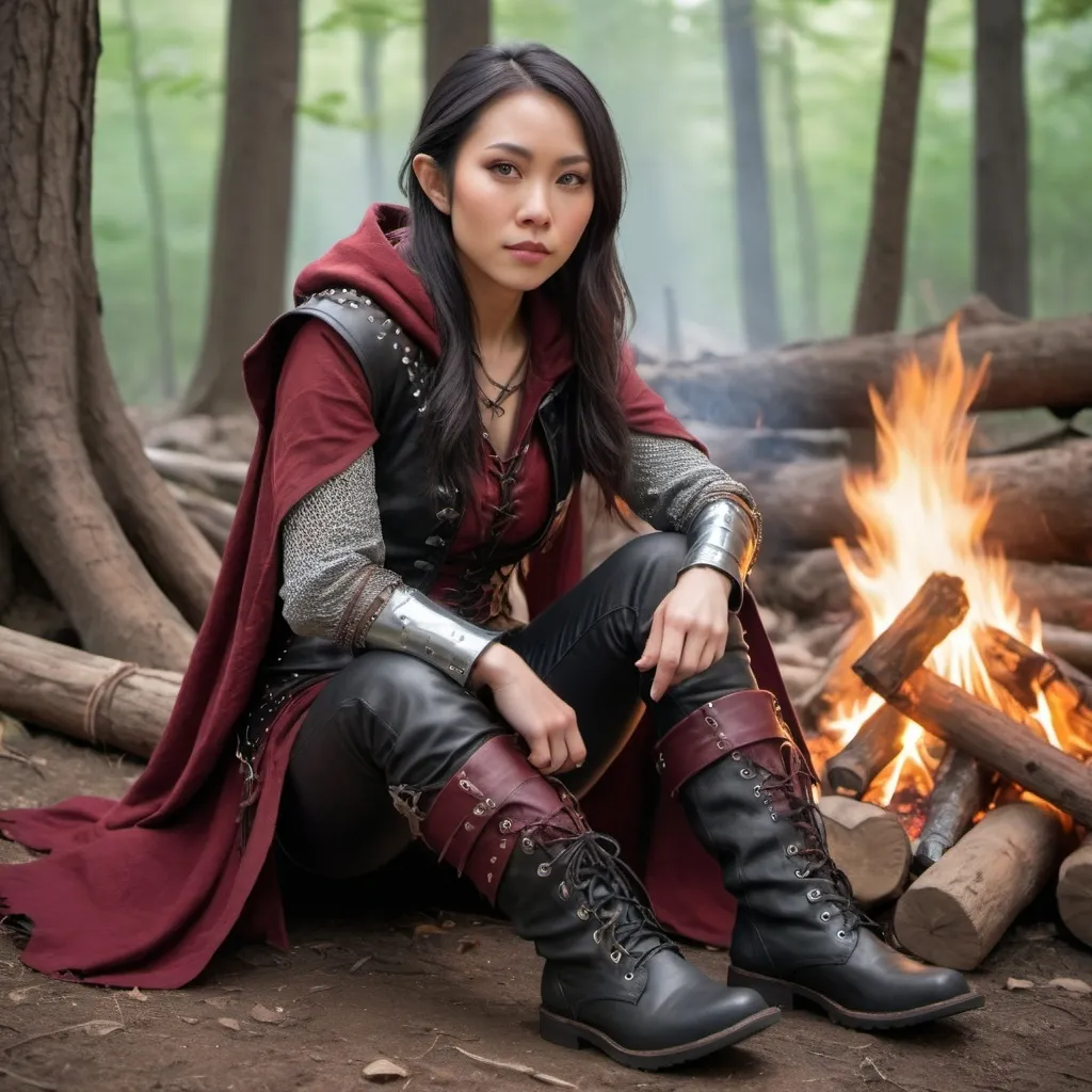 Prompt: An Asian female half elf sits in front of roar campfire, leaning forward to enjoy the heat.
She wears cuff brown leather boots that lace up the sides. Black leather pants are tucked into the boots.
She wears dark grey chainmail, with a studded burgundy leather vest, also laced up the front. A red cloak sits
lightly on her shoulders.