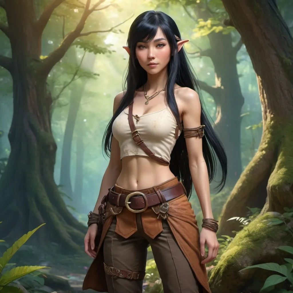 Prompt: A female asian elf, with long black hair, she wears a cut-off shirt, brown pants and low soft boots. She has a belt around her waist with several pouches and bags. She has exceptionally fine and pleasing features.