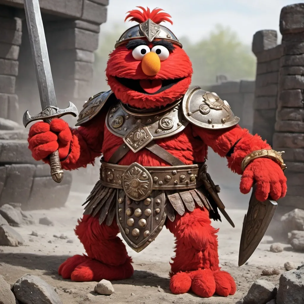 Prompt: Elmo from Sesame Street as a barbarian warrior