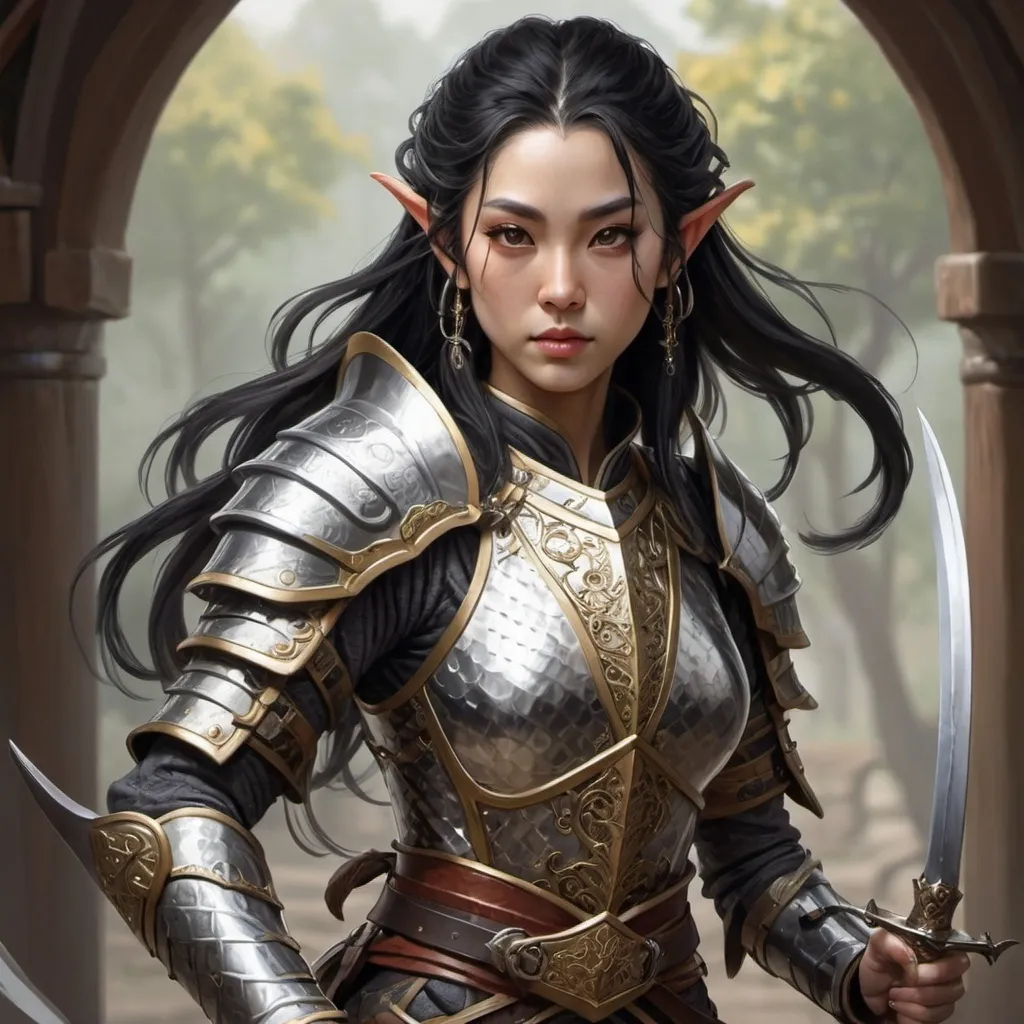 Prompt: A female asian high elf duelist. She wears detailed and intricate scale mail armor. She holds a rapier in one hand. Her black hair hangs in ringlets framing her finely featured face.