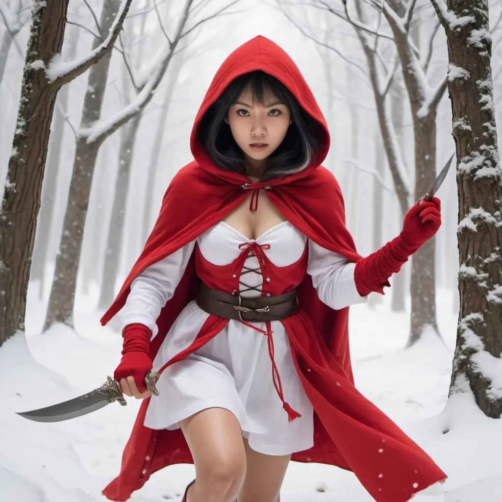 Prompt: Asian Elf, little red riding hood, knife in hand running thru a snow covered forest, intent on capturing her prey