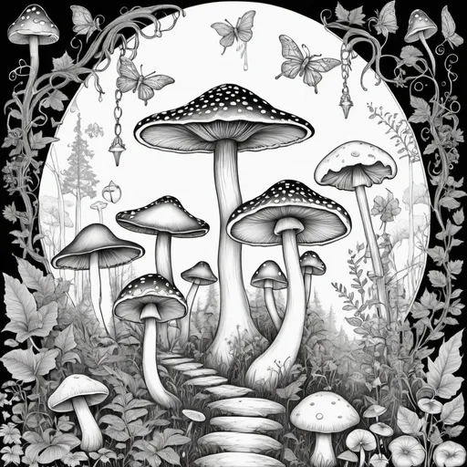 Prompt: Adult coloring page that details mushrooms, faeries, the forest, and occult imagery