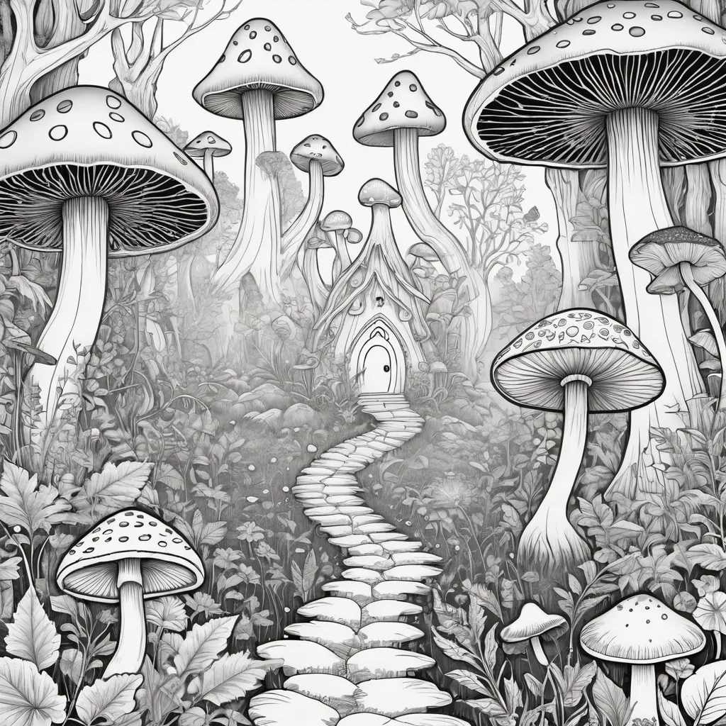 Prompt: (black and white) simple adult coloring page featuring whimsical fairies, (intricate mushrooms), enchanting forest scenery, and mystical occult imagery, magical ambiance, intricate patterns, nature elements, fantasy style, highly detailed line art, inviting exploration, immersive composition, enchanting themes, designed for relaxation and creativity.