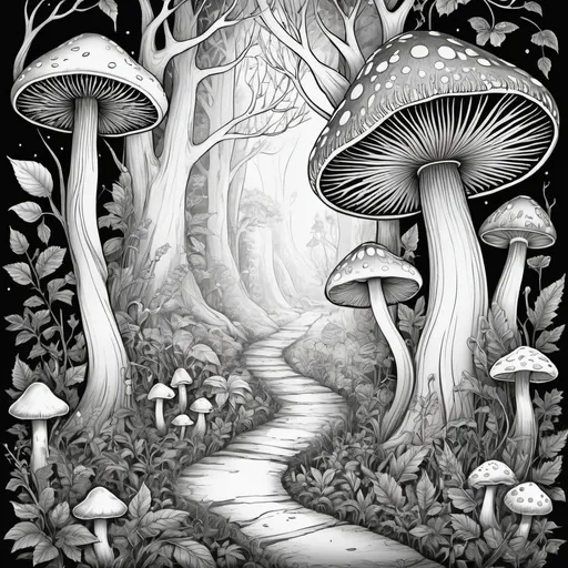 Prompt: (black and white) detailed adult coloring page featuring whimsical faeries, (intricate mushrooms), enchanting forest scenery, and mystical occult imagery, magical ambiance, intricate patterns, nature elements, fantasy style, highly detailed line art, inviting exploration, immersive composition, enchanting themes, designed for relaxation and creativity.